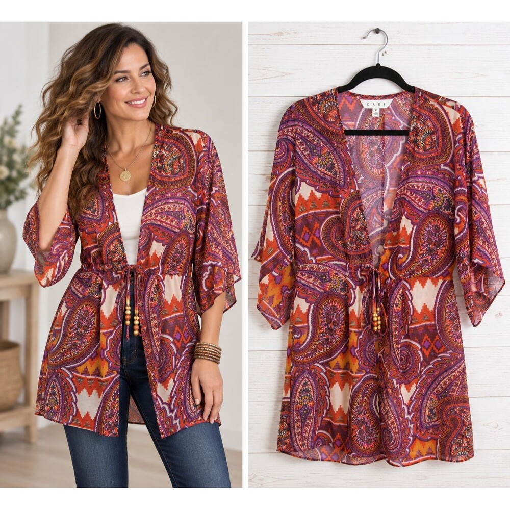 CAbi 841 Paisley Boho Kimono Tunic Cardigan Size Small Drawstring Waist